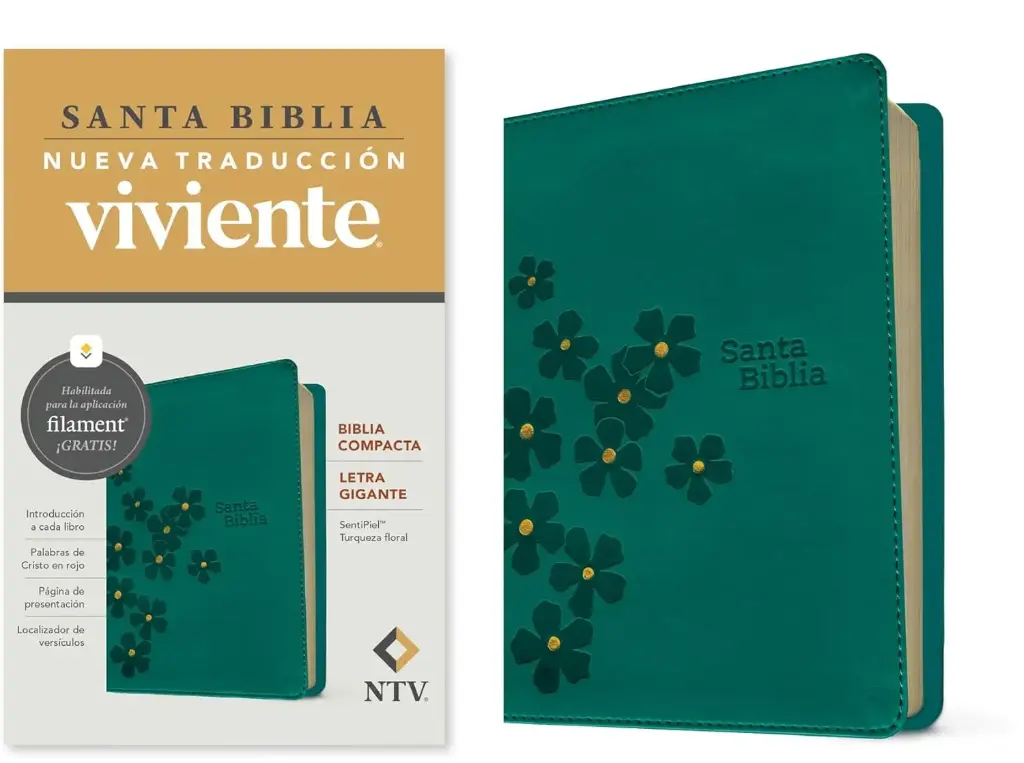 [BIBLIA-COMPACTA-NTV-LETRA-GIGANTE-TURQUESA-FLORAL] Biblia Compacta Ntv, Letra Gigante Con Filament (Sentipiel, Turquesa Floral, Letra Roja)